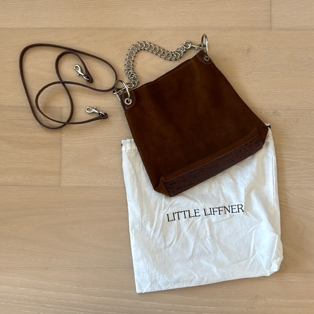 Little Liffner brown suede small bag, two straps + dust bag